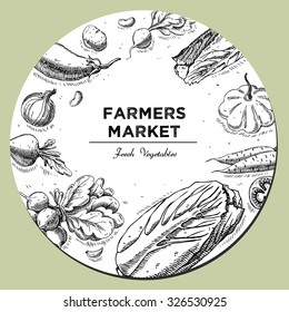 Templates for label design with hand drawn linear vegetables. Can be used for vegan products, brochures, banner, restaurant menu, farmers market and organic food store