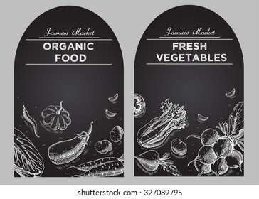Templates for label design with hand drawn linear vegetables. Can be used for vegan products, brochures, banner, restaurant menu, farmers market and organic food store
