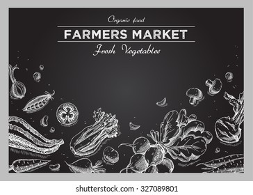 Templates for label design with hand drawn linear vegetables. Can be used for vegan products, brochures, banner, restaurant menu, farmers market and organic food store