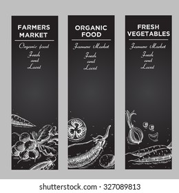 Templates for label design with hand drawn linear vegetables. Can be used for vegan products, brochures, banner, restaurant menu, farmers market and organic food store