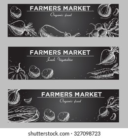 Templates for label design with hand drawn linear vegetables. Can be used for vegan products, brochures, banner, restaurant menu, farmers market and organic food store