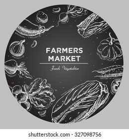 Templates for label design with hand drawn linear vegetables. Can be used for vegan products, brochures, banner, restaurant menu, farmers market and organic food store