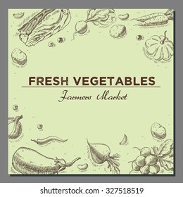Templates for label design with hand drawn linear vegetables. Can be used for vegan products, brochures, banner, restaurant menu, farmers market and organic food store
