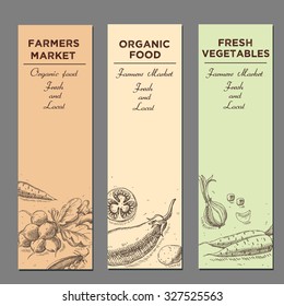 Templates for label design with hand drawn linear vegetables. Can be used for vegan products, brochures, banner, restaurant menu, farmers market and organic food store