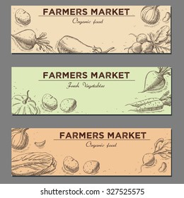 Templates for label design with hand drawn linear vegetables. Can be used for vegan products, brochures, banner, restaurant menu, farmers market and organic food store