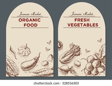 Templates for label design with hand drawn linear vegetables. Can be used for vegan products, brochures, banner, restaurant menu, farmers market and organic food store