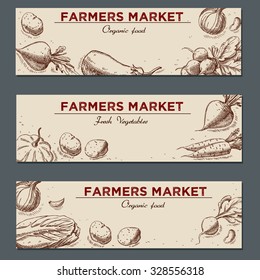 Templates for label design with hand drawn linear vegetables. Can be used for vegan products, brochures, banner, restaurant menu, farmers market and organic food store