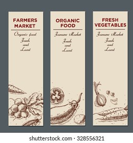 Templates for label design with hand drawn linear vegetables. Can be used for vegan products, brochures, banner, restaurant menu, farmers market and organic food store