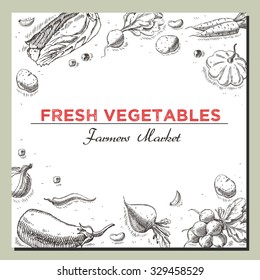 Templates for label design with hand drawn linear vegetables. Can be used for vegan products, brochures, banner, restaurant menu, farmers market and organic food store