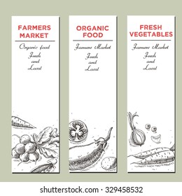 Templates for label design with hand drawn linear vegetables. Can be used for vegan products, brochures, banner, restaurant menu, farmers market and organic food store