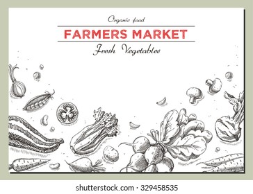 Templates for label design with hand drawn linear vegetables. Can be used for vegan products, brochures, banner, restaurant menu, farmers market and organic food store