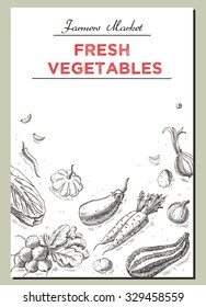 Templates for label design with hand drawn linear vegetables. Can be used for vegan products, brochures, banner, restaurant menu, farmers market and organic food store