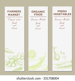 Templates for label design with hand drawn linear vegetables. Can be used for vegan products, brochures, banner, restaurant menu, farmers market and organic food store