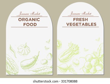 Templates for label design with hand drawn linear vegetables. Can be used for vegan products, brochures, banner, restaurant menu, farmers market and organic food store