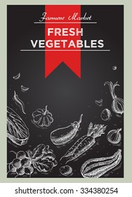 Templates for label design with hand drawn linear vegetables. Can be used for vegan products, brochures, banner, restaurant menu, farmers market and organic food store