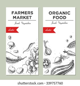 Templates for label design with hand drawn linear vegetables. Can be used for vegan products, brochures, banner, restaurant menu, farmers market and organic food store