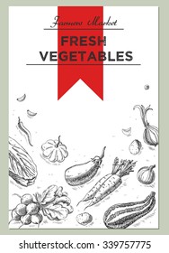 Templates for label design with hand drawn linear vegetables. Can be used for vegan products, brochures, banner, restaurant menu, farmers market and organic food store