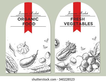 Templates for label design with hand drawn linear vegetables. Can be used for vegan products, brochures, banner, restaurant menu, farmers market and organic food store