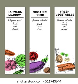 Templates for label design with hand drawn linear vegetables. Can be used for vegan products, brochures, banner, restaurant menu, farmers market and organic food store