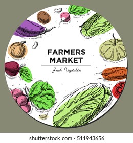 Templates for label design with hand drawn linear vegetables. Can be used for vegan products, brochures, banner, restaurant menu, farmers market and organic food store
