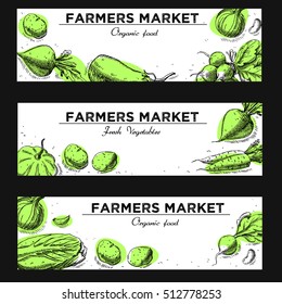 Templates for label design with hand drawn linear vegetables. Can be used for vegan products, brochures, banner, restaurant menu, farmers market and organic food store