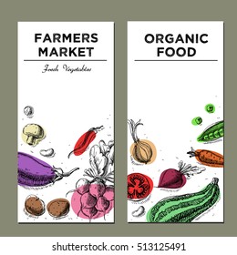 Templates for label design with hand drawn linear vegetables. Can be used for vegan products, brochures, banner, restaurant menu, farmers market and organic food store