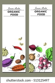 Templates for label design with hand drawn linear vegetables. Can be used for vegan products, brochures, banner, restaurant menu, farmers market and organic food store