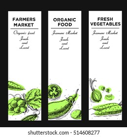 Templates for label design with hand drawn linear vegetables. Can be used for vegan products, brochures, banner, restaurant menu, farmers market and organic food store