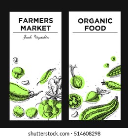 Templates for label design with hand drawn linear vegetables. Can be used for vegan products, brochures, banner, restaurant menu, farmers market and organic food store