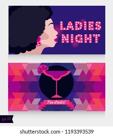 templates for ladies night party with disco style lady and cocktail, can be used as banner for bachelor party, vector illustration
