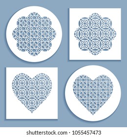 Templates for laser cutting, plotter cutting, printing. Heart and flower shape line pattern. Geometric design cut out of paper. Mandala die cut ornament. Fretwork panels, cutout silhouette stencils