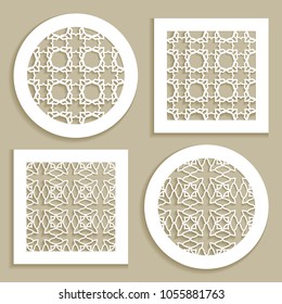 Templates for laser cutting, plotter cutting, printing. Round and square line patterns? Geometric design cut out of paper. Mandala Islamic die cut ornament. Fretwork panels, cutout silhouette stencils