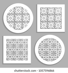 Templates for laser cutting, plotter cutting, printing. Round and square line patterns. Geometric design cut out of paper. Mandala Islamic die cut ornament. Fretwork panels, cutout silhouette stencils