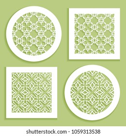 Templates for laser cutting, plotter cutting, printing. Round and square line patterns. Geometric design cut out of paper. Mandala Islamic die cut ornament. Fretwork panels, cutout silhouette stencils