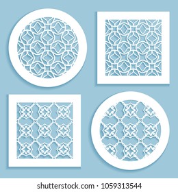 Templates for laser cutting, plotter cutting, printing. Round and square line patterns. Geometric design cut out of paper. Mandala Islamic die cut ornament. Fretwork panels, cutout silhouette stencils