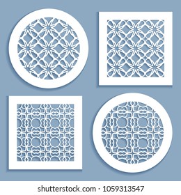 Templates for laser cutting, plotter cutting, printing. Round and square line patterns. Geometric design cut out of paper. Mandala Islamic die cut ornament. Fretwork panels, cutout silhouette stencils