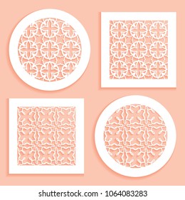 Templates for laser cutting, plotter cutting, printing. Round and square line patterns. Geometric design cut out of paper. Mandala Islamic die cut ornament. Fretwork panels, cutout silhouette stencils