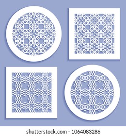 Templates for laser cutting, plotter cutting, printing. Round and square line patterns. Geometric design cut out of paper. Mandala Islamic die cut ornament. Fretwork panels, cutout silhouette stencils