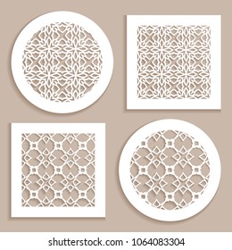 Templates for laser cutting, plotter cutting, printing. Round and square line patterns. Geometric design cut out of paper. Mandala Islamic die cut ornament. Fretwork panels, cutout silhouette stencils