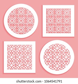Templates for laser cutting, plotter cutting, printing. Round and square line patterns. Geometric design cut out of paper. Mandala Islamic die cut ornament. Fretwork panels, cutout silhouette stencils