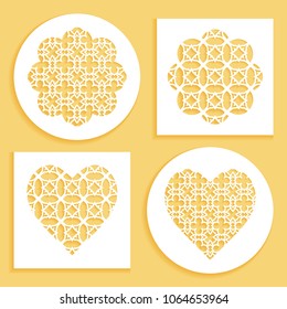 Templates for laser cutting, plotter cutting, printing. Heart and flower shape line pattern. Geometric design cut out of paper. Mandala die cut ornament. Fretwork panels, cutout silhouette stencils