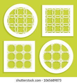 Templates for laser cutting, plotter cutting, printing. Round and square line patterns. Geometric design cut out of paper. Mandala Islamic die cut ornament. Fretwork panels, cutout silhouette stencils