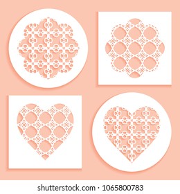Templates for laser cutting, plotter cutting, printing. Heart and flower shape line pattern. Geometric design cut out of paper. Mandala die cut ornament. Fretwork panels, cutout silhouette stencils