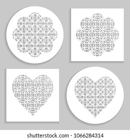 Templates for laser cutting, plotter cutting, printing. Heart and flower shape line pattern. Geometric design cut out of paper. Mandala die cut ornament. Fretwork panels, cutout silhouette stencils