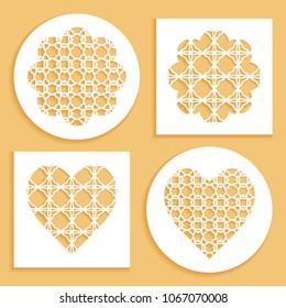 Templates for laser cutting, plotter cutting, printing. Heart and flower shape line pattern. Geometric design cut out of paper. Mandala die cut ornament. Fretwork panels, cutout silhouette stencils