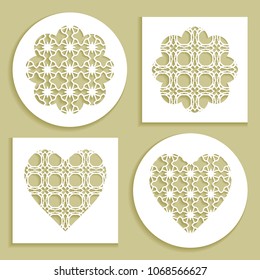 Templates for laser cutting, plotter cutting, printing. Heart and flower shape line pattern. Geometric design cut out of paper. Mandala die cut ornament. Fretwork panels, cutout silhouette stencils