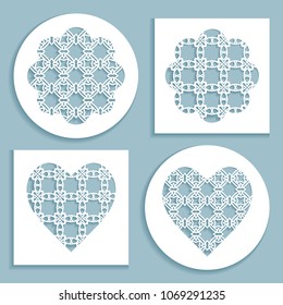 Templates for laser cutting, plotter cutting, printing. Heart and flower shape line pattern. Geometric design cut out of paper. Mandala die cut ornament. Fretwork panels, cutout silhouette stencils