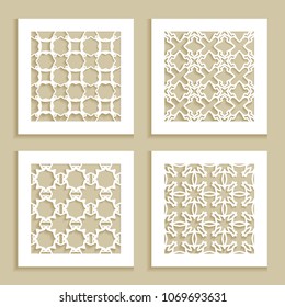 Templates for laser cutting, plotter cutting, printing. Square line patterns set. Geometric design cut out of paper. Mandala Islamic die cut ornament. Fretwork panels, cutout silhouette stencils