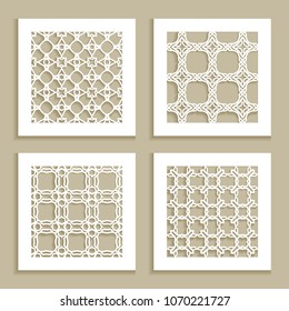 Templates for laser cutting, plotter cutting, printing. Square line patterns set. Geometric design cut out of paper. Mandala Islamic die cut ornament. Fretwork panels, cutout silhouette stencils