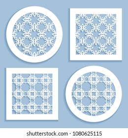 Templates for laser cutting, plotter cutting, printing. Round and square line patterns. Geometric design cut out of paper. Mandala Islamic die cut ornament. Fretwork panels, cutout silhouette stencils